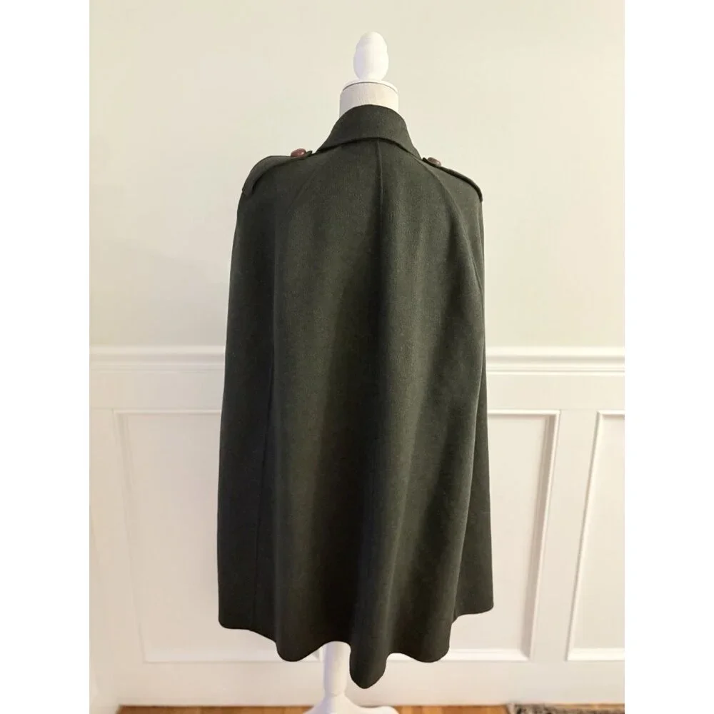 Max Mara Olive Green Wool Cape Coat with Fur Pockets Leather Buttons L - Picture 5 of 7